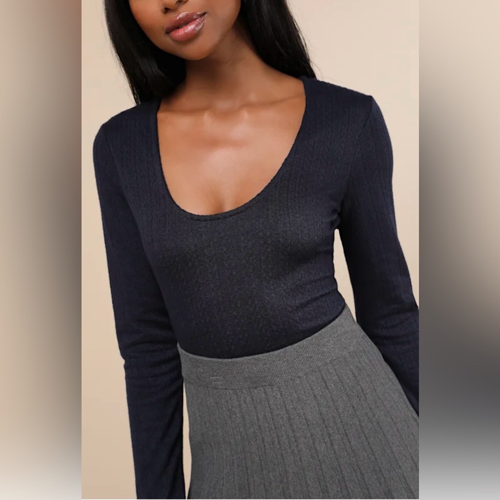 Lulus Navy Pointelle Scoop Neck Long Sleeve Top. Size Medium. - Picture 4 of 7